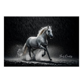 Dramatic White Horse Galloping in Rain Perfect Poster