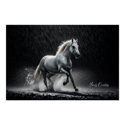 Dramatic White Horse Galloping in Rain Perfect Poster (Voorkant)