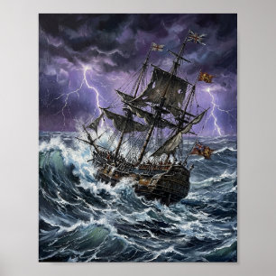 Dramatisch galjoen schip stormachtige oceaan bliks poster
