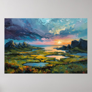 Dramatisch kustzonsondergang Berglandschap Poster