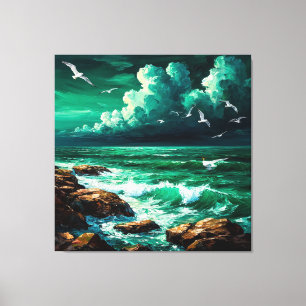 Dramatisch oceeptoncel met meeuwen en golven canvas afdruk