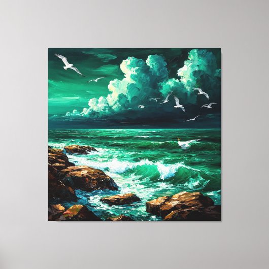 Dramatisch oceeptoncel met meeuwen en golven canvas afdruk (Voorkant)