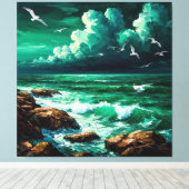 Dramatisch oceeptoncel met meeuwen en golven canvas afdruk (Insitu (Houten vloer))