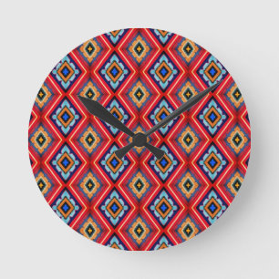 Dramatisch rood en blauw diamantpatroon ronde klok