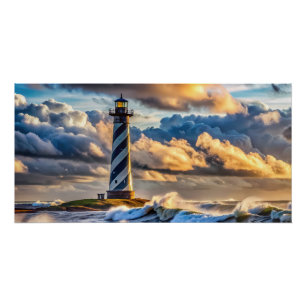 Dramatisch Vuurtoren Zeelandschap met Stormachtige Perfect Poster