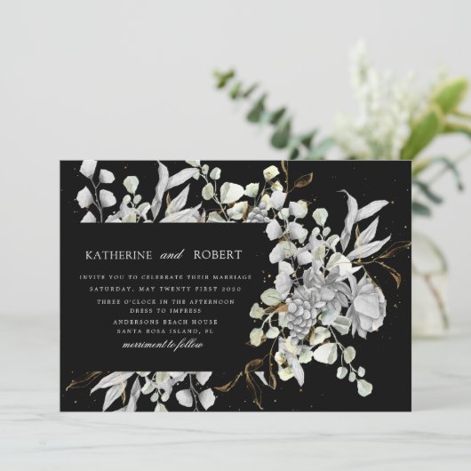 dramatisch zilver goud bloemenbruiloft kaart (Staand voorkant)