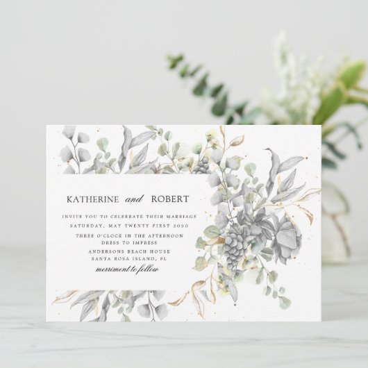 dramatisch zilver goud bloemenbruiloft kaart (Staand voorkant)