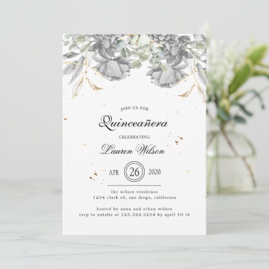 dramatisch zilvergoud bloemenquinceanera kaart (Staand voorkant)