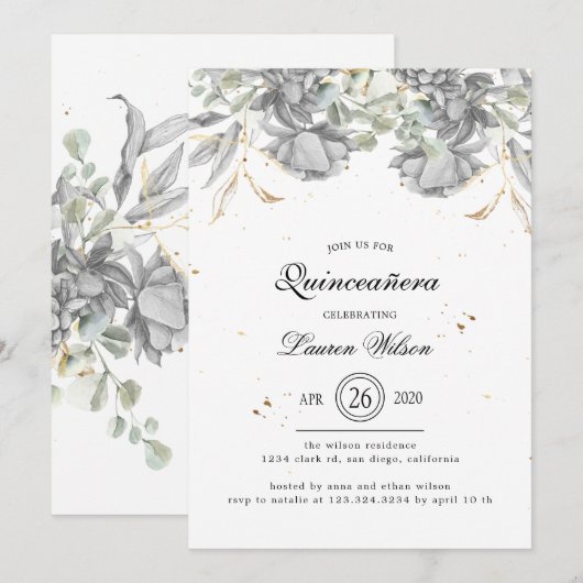 dramatisch zilvergoud bloemenquinceanera kaart (Voorkant / Achterkant)