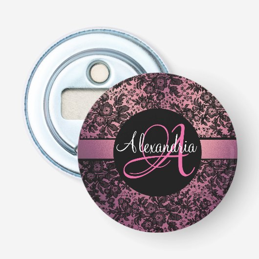 Dramatisch zwart bloemig roze monogram button flesopener (Voorkant)