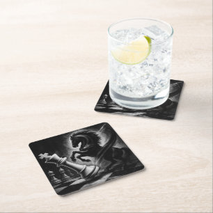 Dramatisch zwart paard vs. koning – gedurfd schaak kartonnen onderzetters