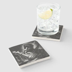 Dramatisch zwart paard vs. koning – gedurfd schaak stenen onderzetter