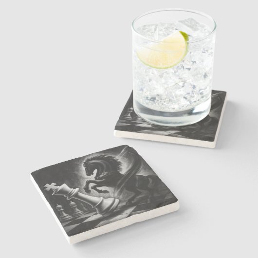 Dramatisch zwart paard vs. koning – gedurfd schaak stenen onderzetter (Zijkant)