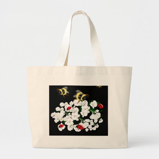 Dramatische bijenladybugs en witte bloemen op zwar grote tote bag (Voorkant)
