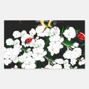 Dramatische bijenladybugs en witte bloemen op zwar rechthoekige sticker