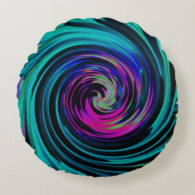 Dramatische Black en Turquoise Abstract Retro Twir Rond Kussen (Voorkant)