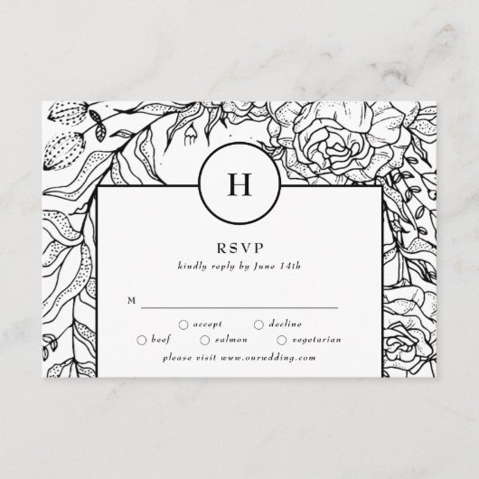 Dramatische Black Monogram Wreath Wedding RSVP Kaartje (Voorkant)