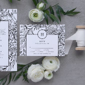 Dramatische Black Monogram Wreath Wedding RSVP Kaartje