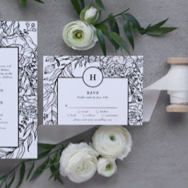 Dramatische Black Monogram Wreath Wedding RSVP Kaartje