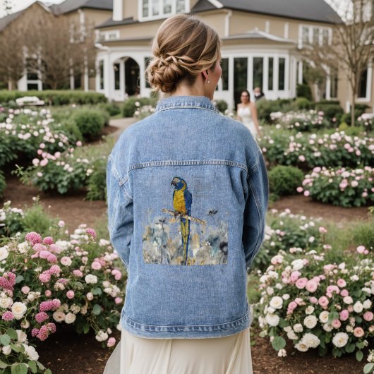 Dramatische blauw gekeelde handgeschilderde ara denim jacket (Huwelijk Achterkant)