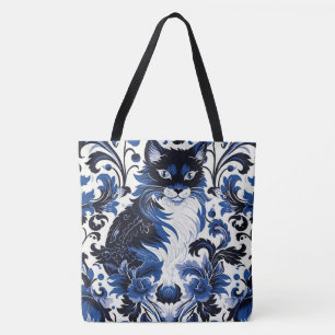 Dramatische Blauwe Art Deco Kat Grote Schoudertas Tote Bag