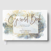 Dramatische Blauwe Ombre Waterverf Gouden Lijnen B Gastenboek (Voorkant)