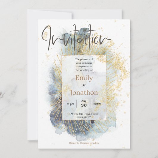 Dramatische Blauwe Ombre Waterverf Gouden Lijnen B Kaart (Voorkant)