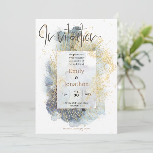 Dramatische Blauwe Ombre Waterverf Gouden Lijnen B Kaart (Staand voorkant)