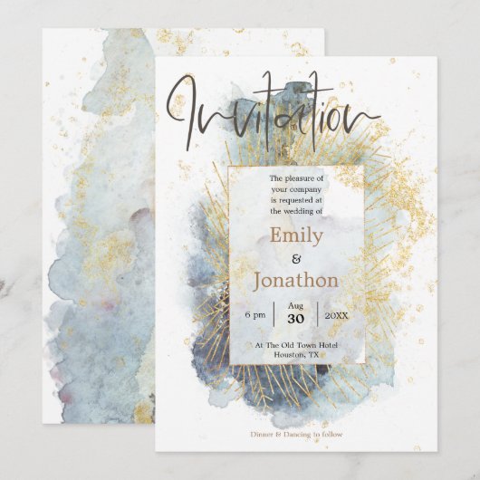 Dramatische Blauwe Ombre Waterverf Gouden Lijnen B Kaart (Voorkant / Achterkant)