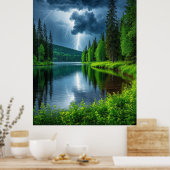 Dramatische bliksem slaat toe boven een sereen bos poster (Keuken)