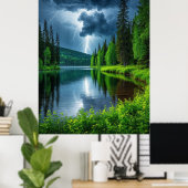 Dramatische bliksem slaat toe boven een sereen bos poster (Thuiskantoor)