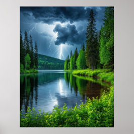 Dramatische blikseminslagen boven een serene bos poster