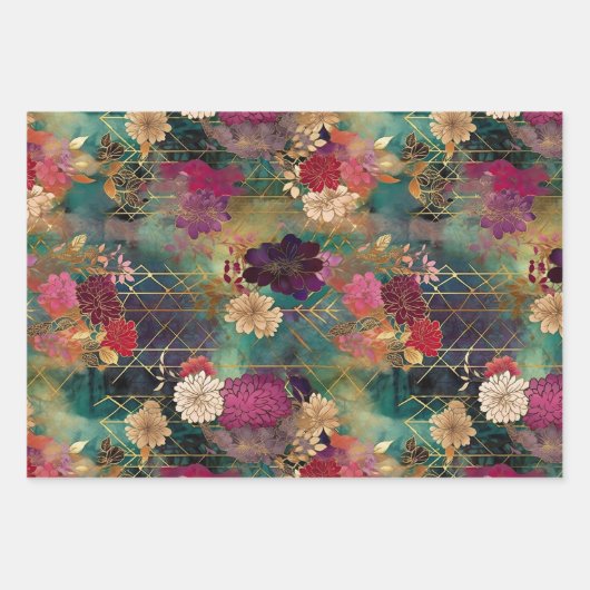 Dramatische Bloemen in Blauwgroen, Zwart & Crème D Inpakpapier Vel (Voorkant 3)