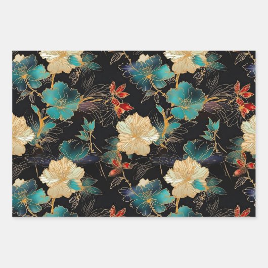 Dramatische Bloemen in Blauwgroen, Zwart & Crème D Inpakpapier Vel (Voorkant)