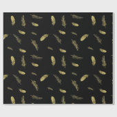 Dramatische Boho Golden Feathers Black Cadeaupapier (Vlak)
