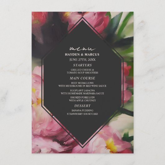 Dramatische donkere bloemige bruiloft menu (Voorkant)