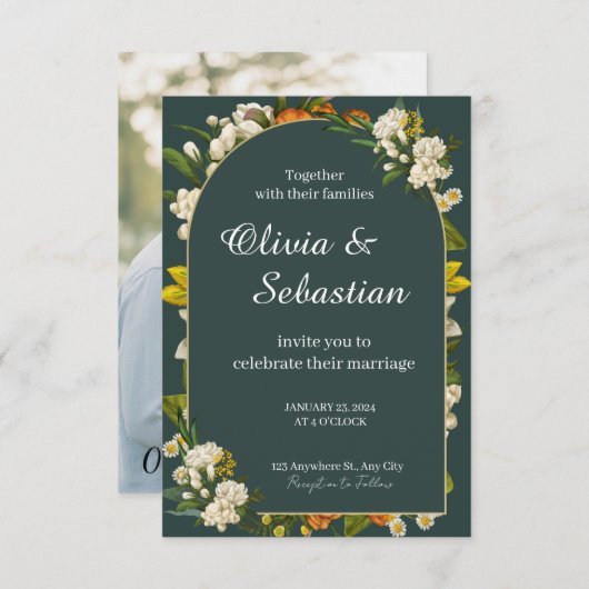 Dramatische donkergroene bloemenboog trouwuitnodig save the date (Voorkant / Achterkant)