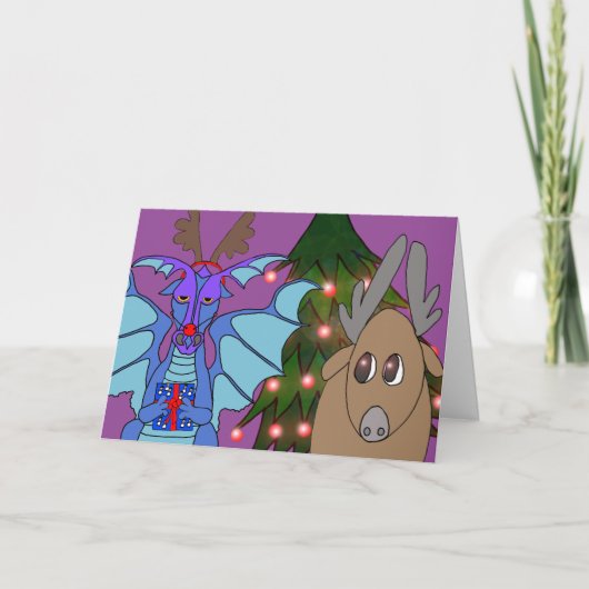 Dramatische Draak en de Kerstkaart van het Rendier Feestdagen Kaart (Voorkant)