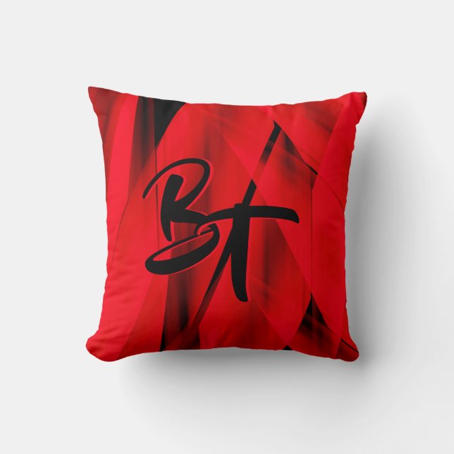 Dramatische Elegant Red Black Abstract Monogrammen Kussen (Voorkant)
