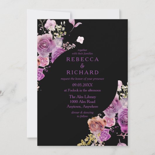 Dramatische en Paarse Floral Wedding Kaart (Voorkant)