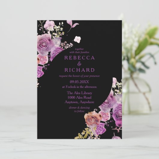 Dramatische en Paarse Floral Wedding Kaart (Staand voorkant)