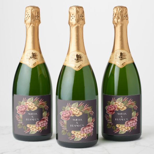 Dramatische Floral Wedding Sparkling Wijnetiket (Flessen)