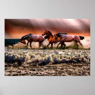 Dramatische foto van paarden die op een strand rij poster