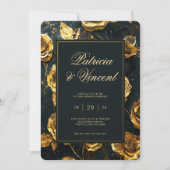 Dramatische gouden Rozen op zwarte bruiloft uitnod Kaart (Voorkant)