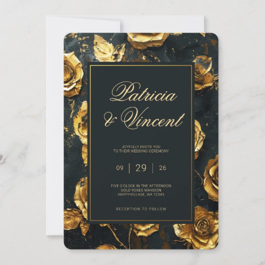 Dramatische gouden Rozen op zwarte bruiloft uitnod Kaart (Voorkant)