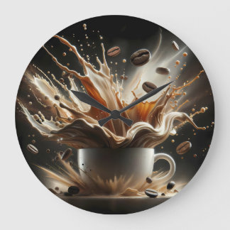 Dramatische koffie-splash met zwevende koffiebonen grote klok