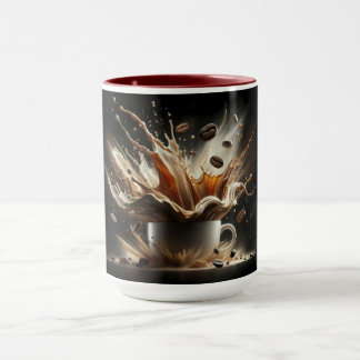 Dramatische koffie-splash met zwevende koffiebonen mok