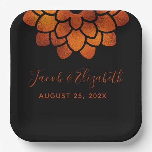 Dramatische koperventilator op zwarte bruiloft papieren bordje (Voorkant)