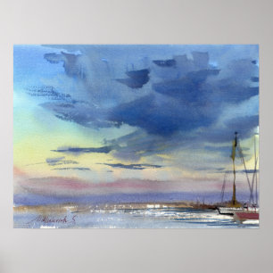 Dramatische Kustlucht en Zeilboten Aquarel Poster