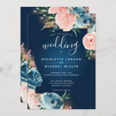 Dramatische Navy Blue en Blush Bloemen Boho Glitte Kaart (Voorkant / Achterkant)